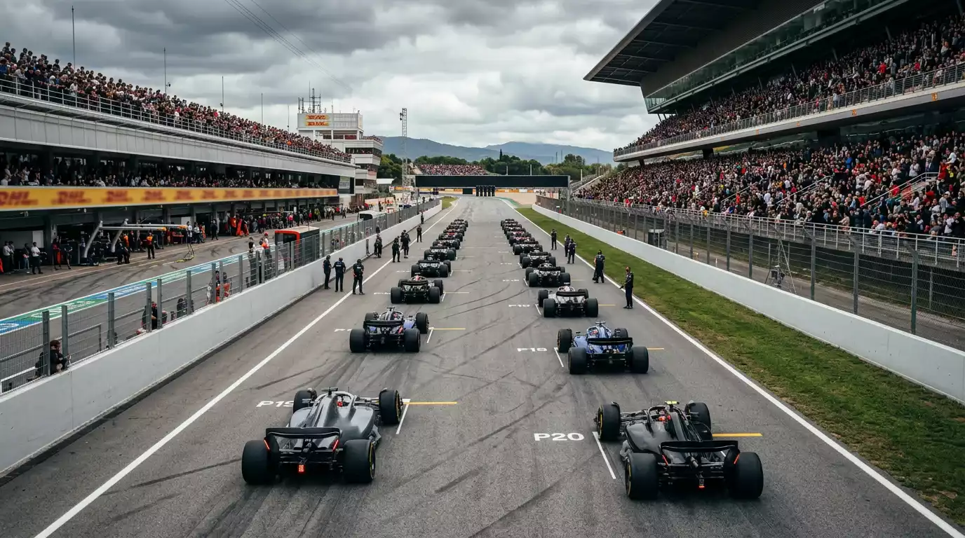 Parrilla de salida de un Gran Premio de Fórmula 1 con los 22 monoplazas alineados